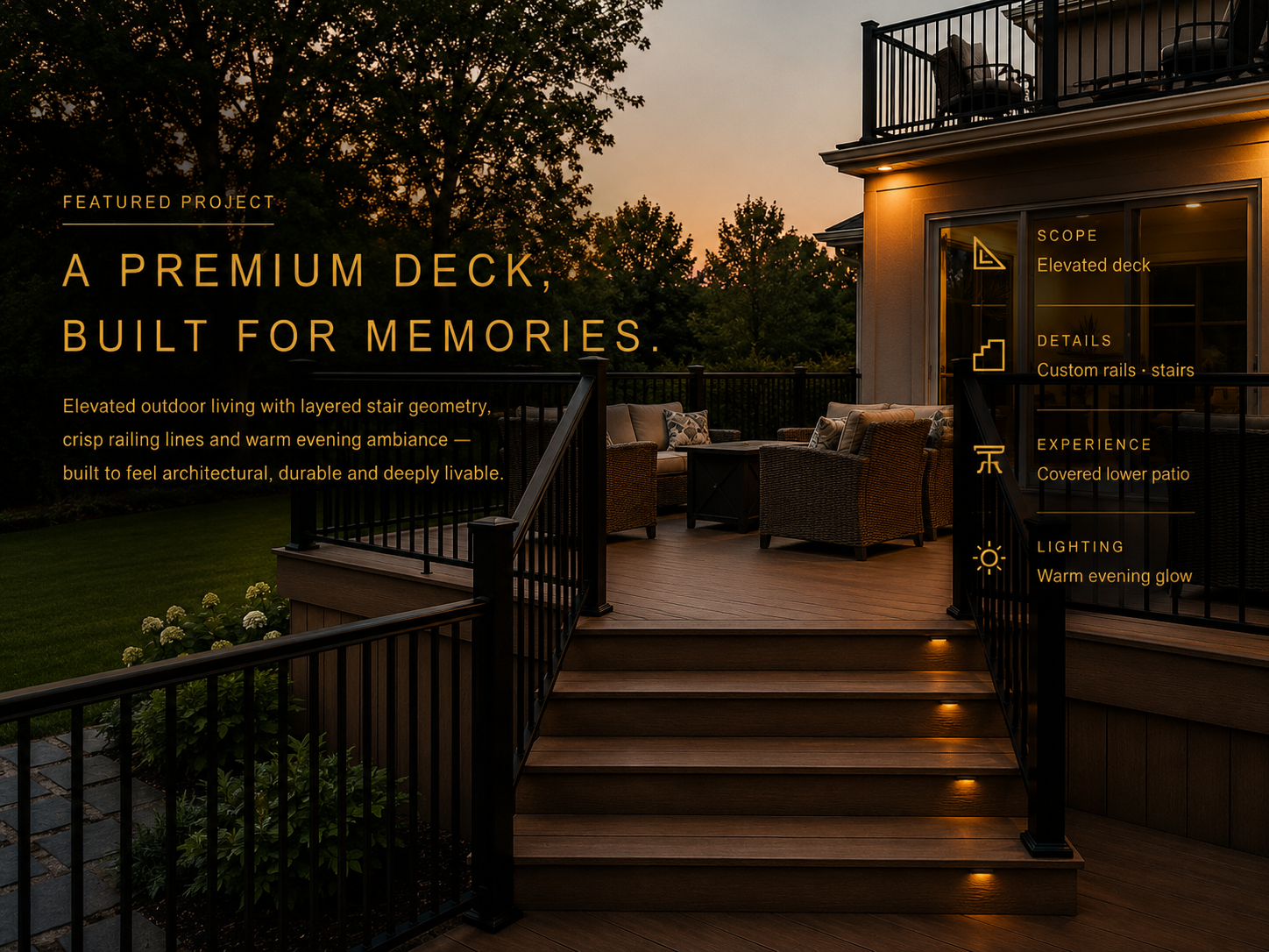 Featured project — a premium elevated deck built for memories, with custom railings, stair lighting and a covered lower patio at dusk