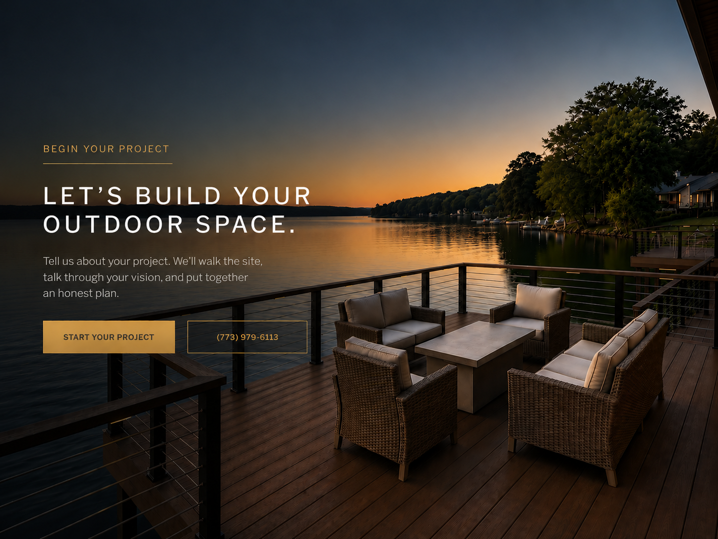Let's build your outdoor space — lakeside deck at sunset with custom railings and outdoor living set