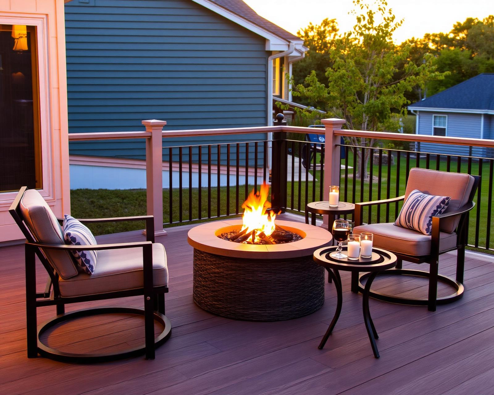 Evening firepit gathering on a custom deck