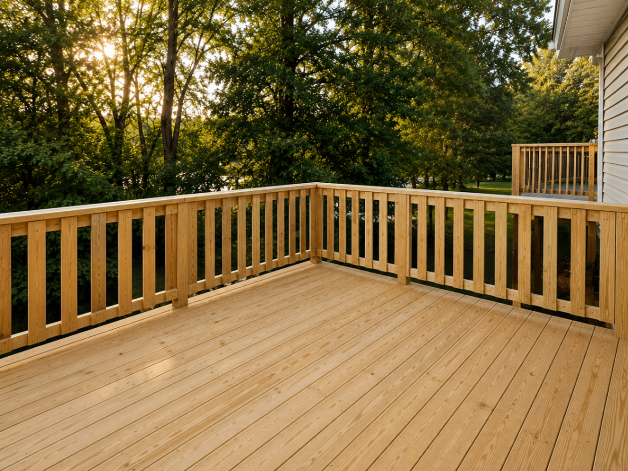 Natural wood deck at golden hour