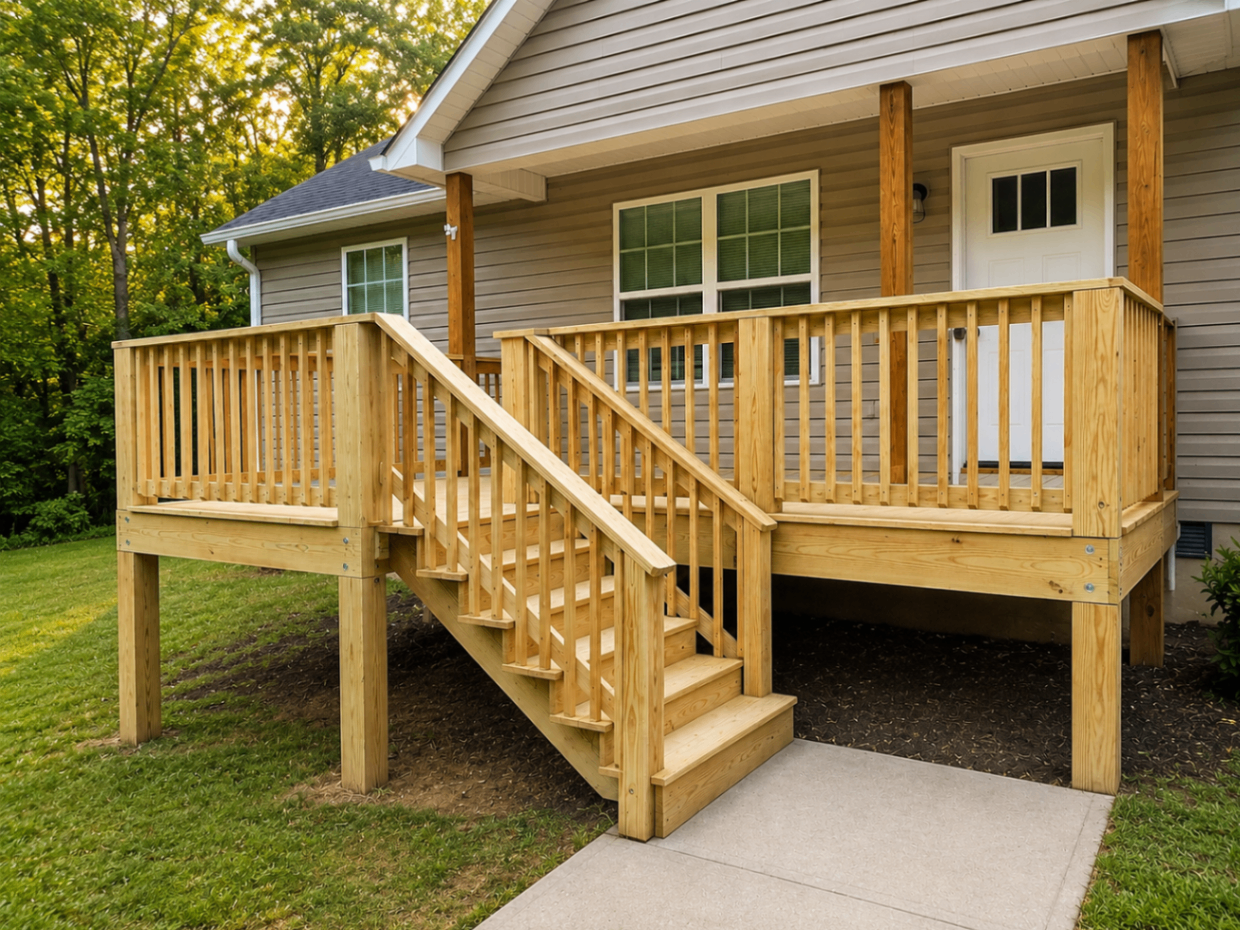 Front entry deck with centered stair