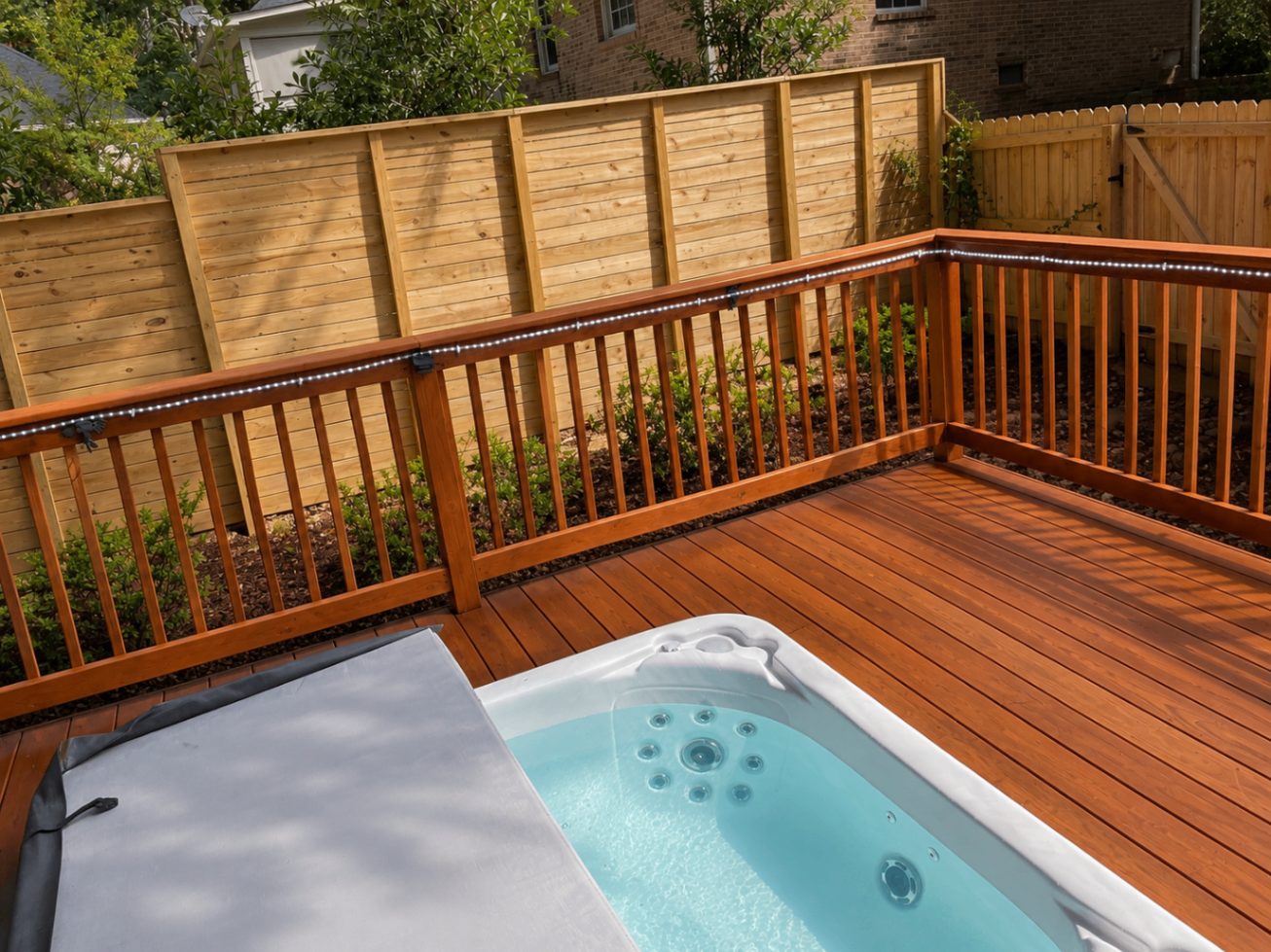 Stained wood deck with integrated spa