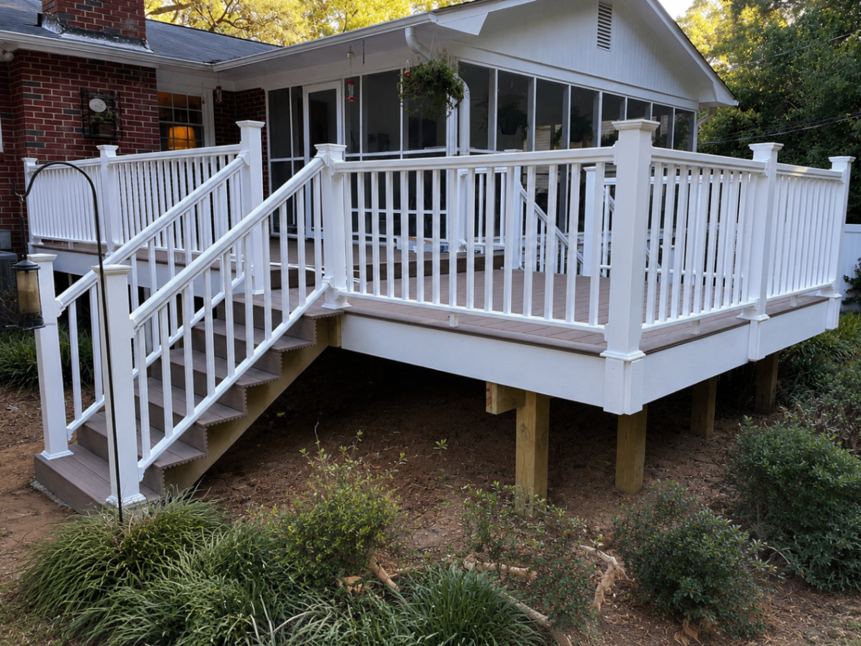 Elevated deck with bright white railings