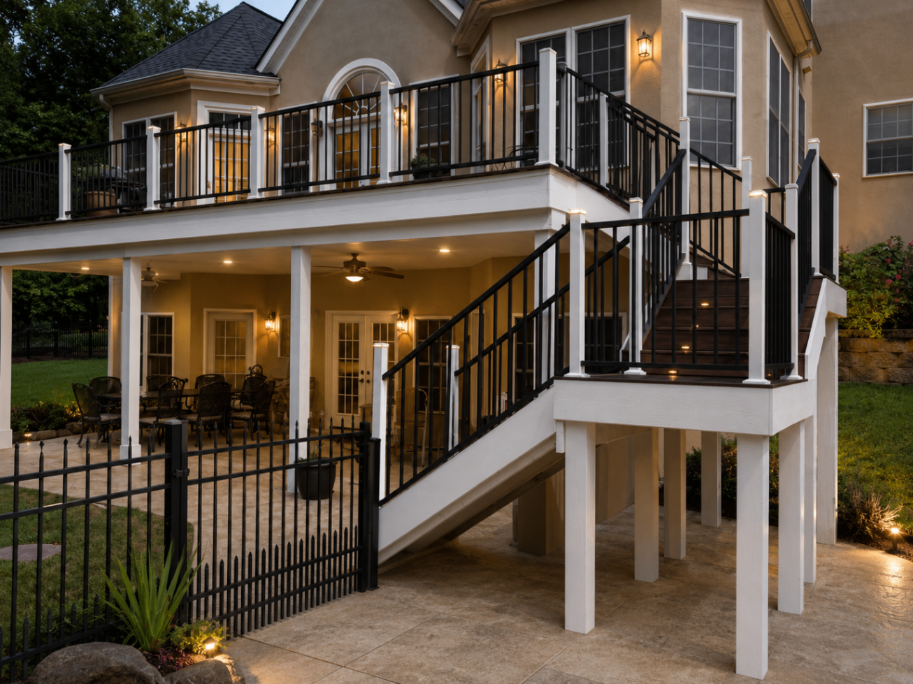 Elevated outdoor living deck with black railings at dusk