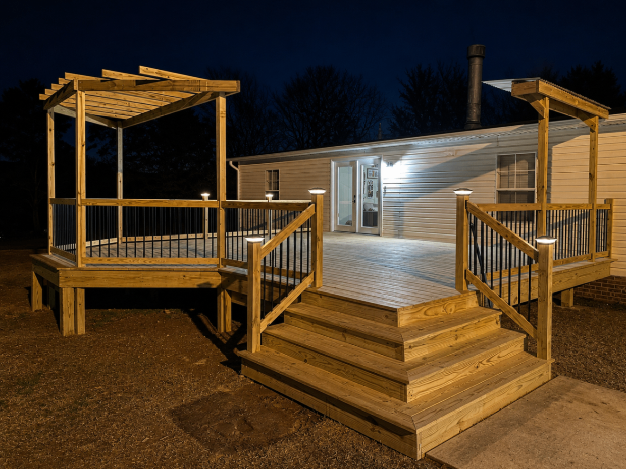 Newly built deck with pergola posts illuminated at night