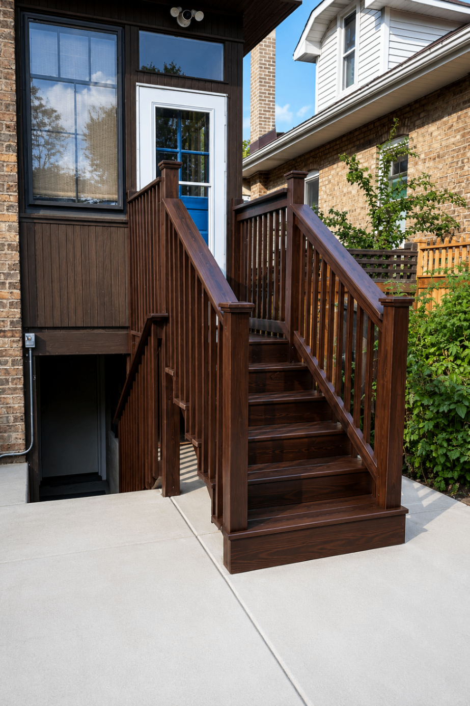 Dark stained entry stair and custom railing system