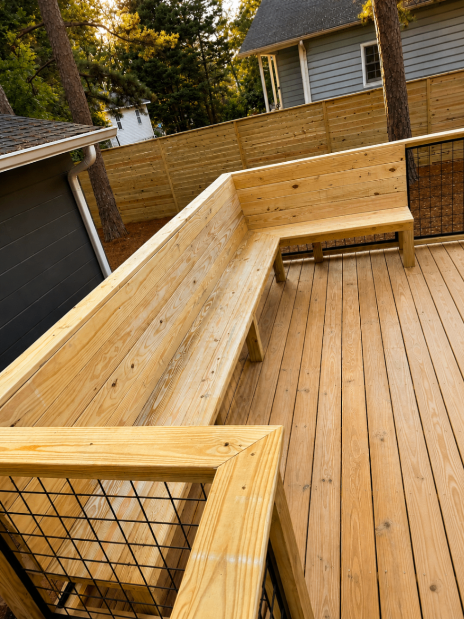 Built-in deck bench seating with wire panel detail