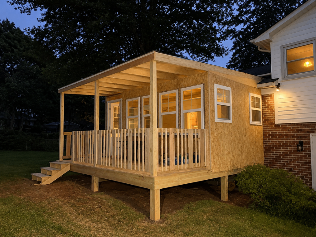 Backyard enclosed porch addition glowing at dusk