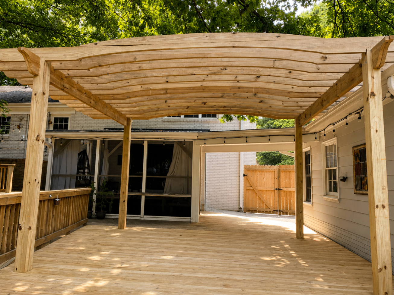 Curved timber pergola over a custom deck