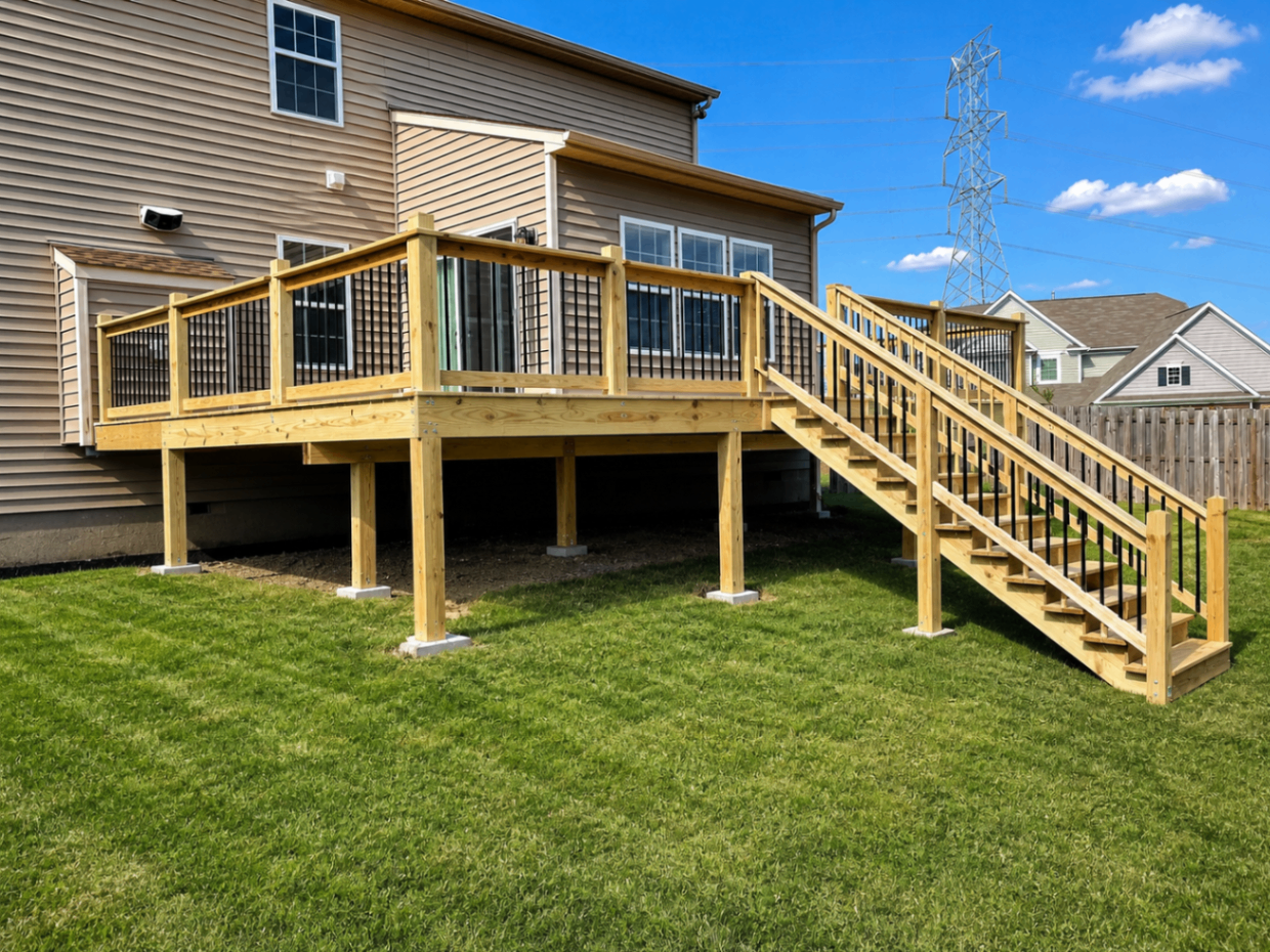 Elevated pressure-treated deck with black baluster railing